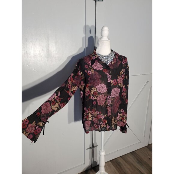 APOSTROPHE FLORAL FORMAL BLOUSE COLOR BLACK LONG SLEEVE POLYESTER SIZE M - Picture 2 of 6